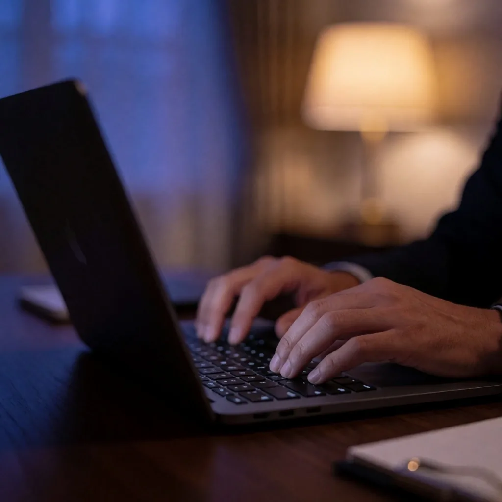 Menyusun email bisnis di kamar kerja