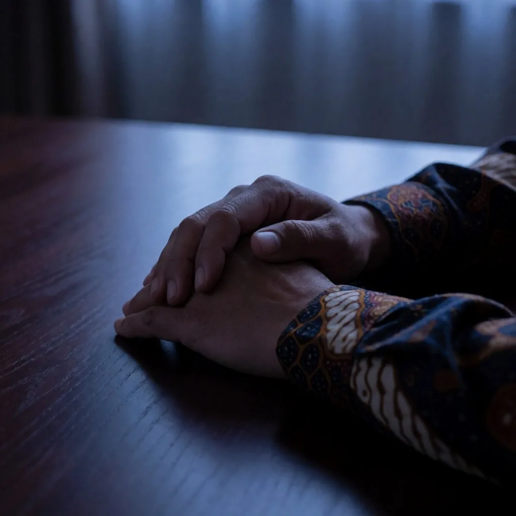 Tangan eksekutif beristirahat di meja kayu gelap dengan cahaya senja indigo