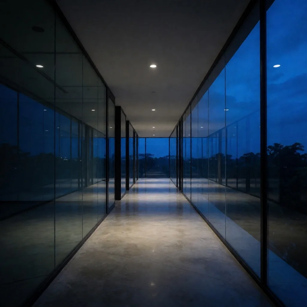 Koridor kantor modern yang sepi saat senja