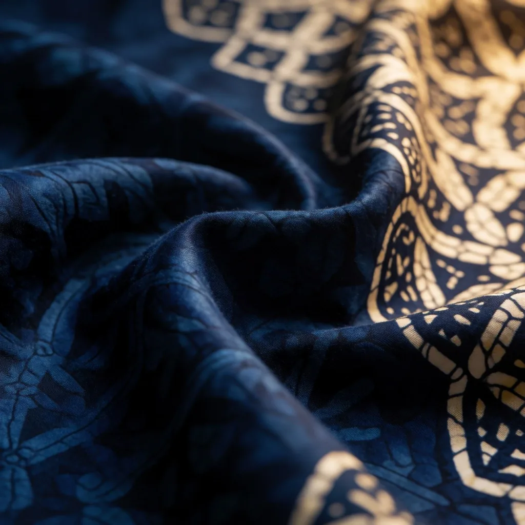 Tekstur kain batik sutra Indonesia dalam nuansa indigo gelap