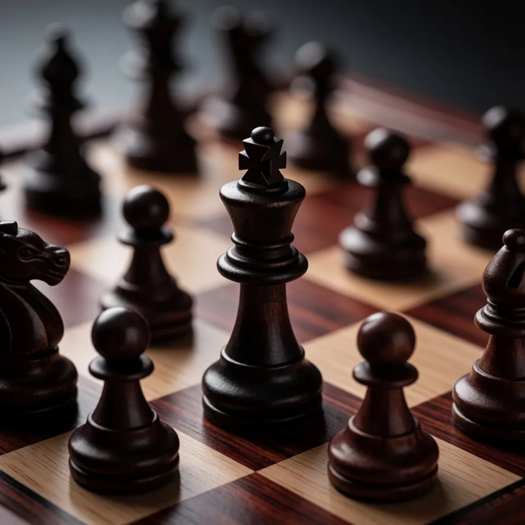 Papan catur mid-game dengan pencahayaan rendah