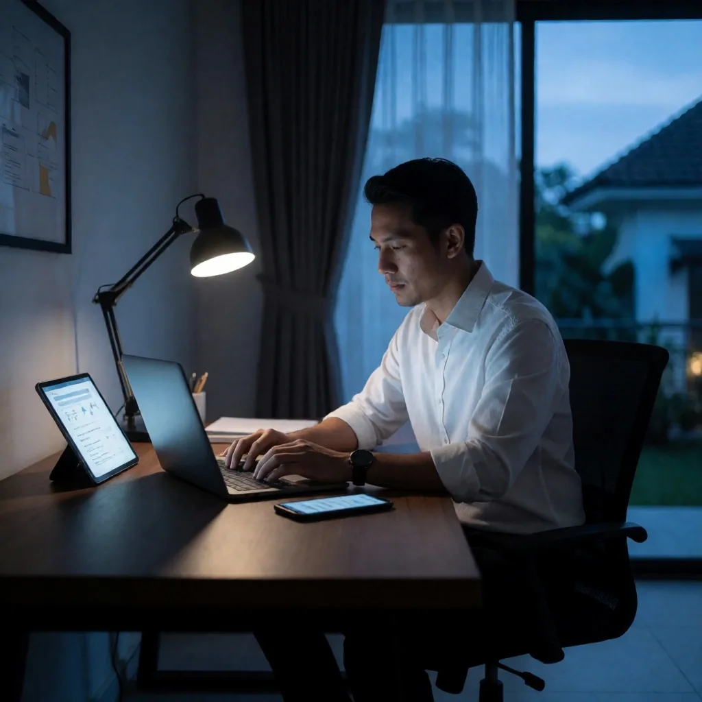 Profesional belajar dengan laptop dan tablet di rumah