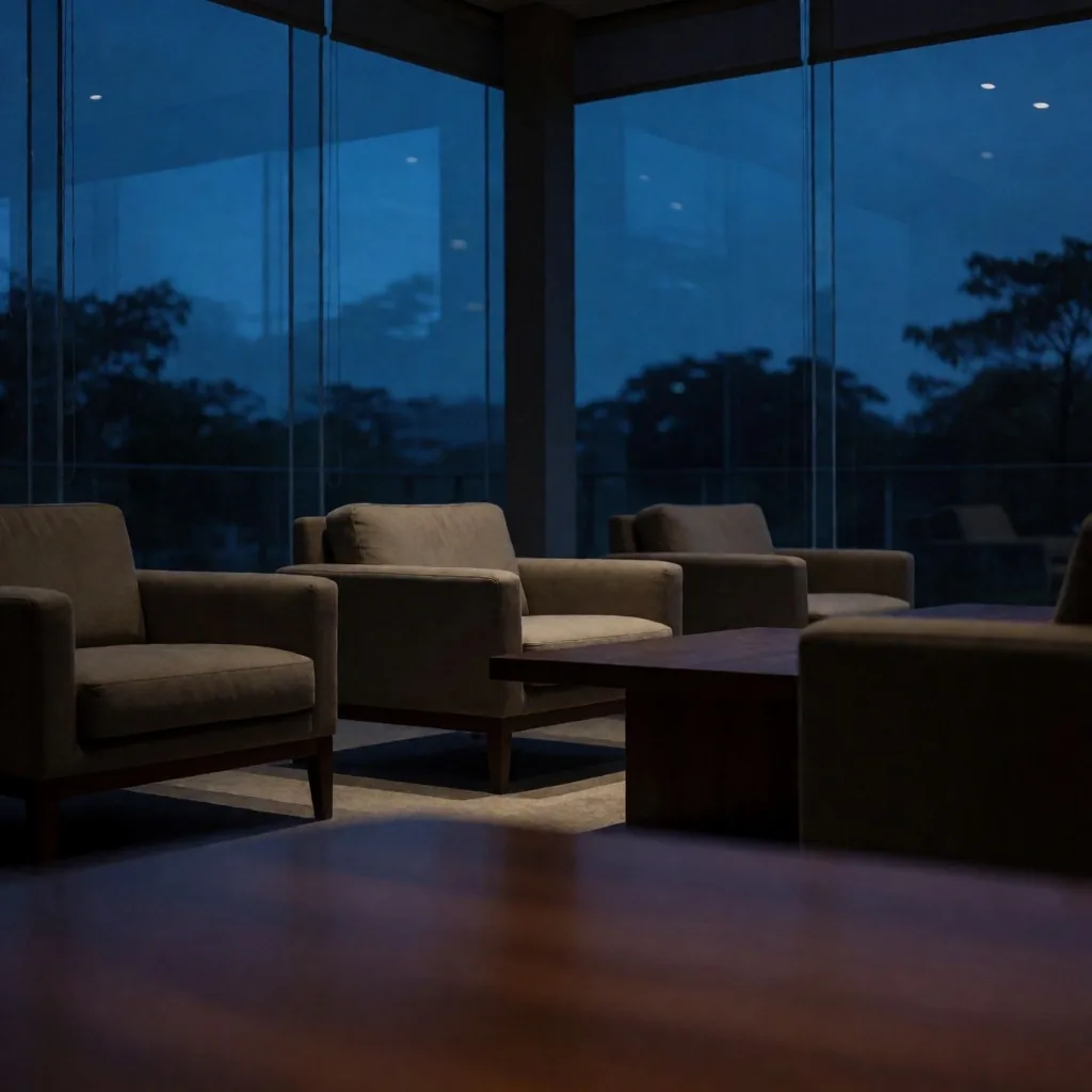 Ruang eksekutif Indonesia saat senja dengan pencahayaan biru indigo